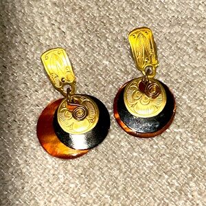 Pre Columbian style gold tone multilayered disc dangle earrings